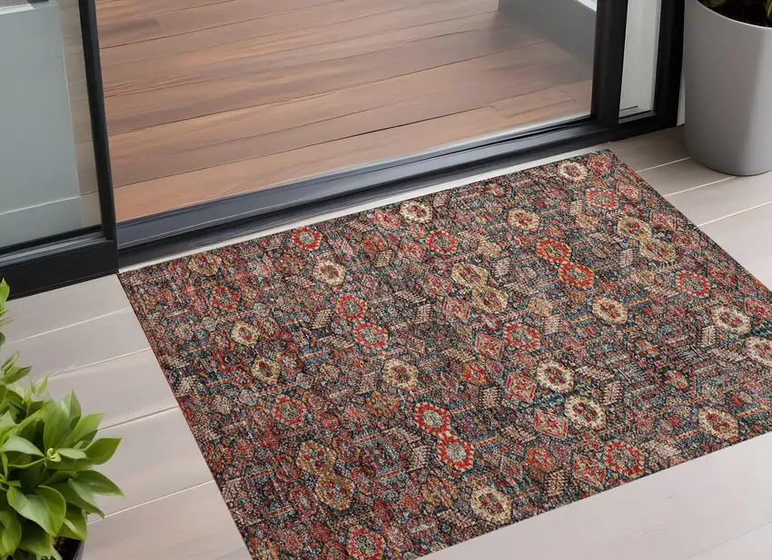 Red and Dark Blue Floral Washable Non Skid Indoor Outdoor Area Rug Photo 1