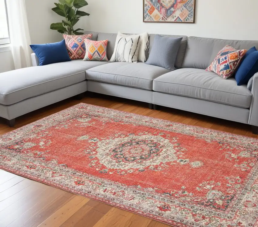 Red and Gray Power Loom Area Rug Photo 1