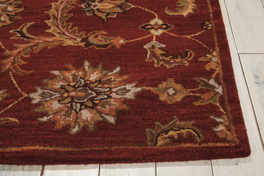 Red and Green Wool Floral Handmade Area Rug Photo 9
