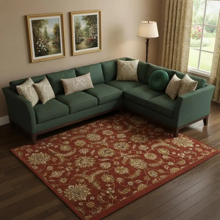 Red and Green Wool Floral Handmade Area Rug Photo 1