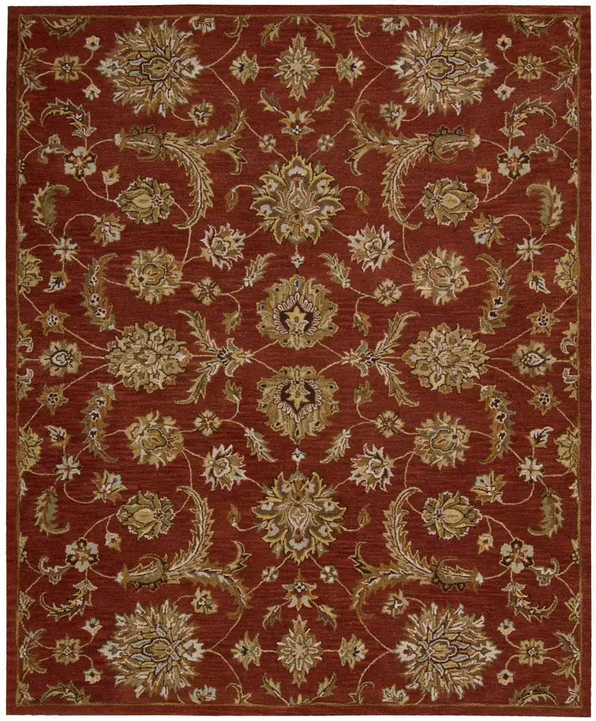 Red and Green Wool Floral Handmade Area Rug Photo 5