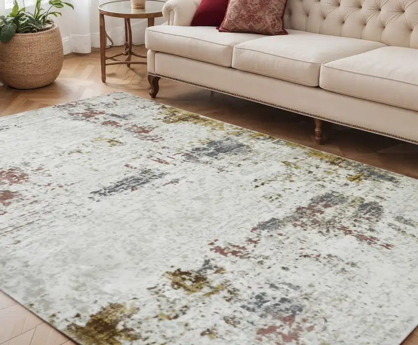 Ivory Red and Gold Abstract Power Loom Area Rug Photo 1