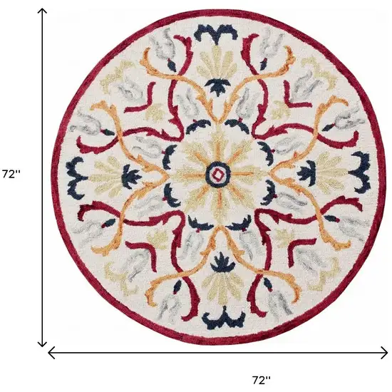 6' Red And Ivory Round Wool Hand Tufted Area Rug Photo 3
