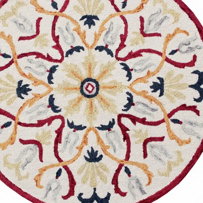 6' Red And Ivory Round Wool Hand Tufted Area Rug Photo 5