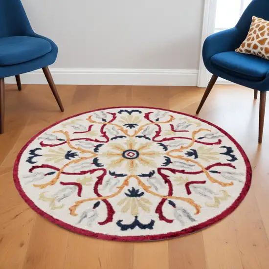 6' Red And Ivory Round Wool Hand Tufted Area Rug Photo 1