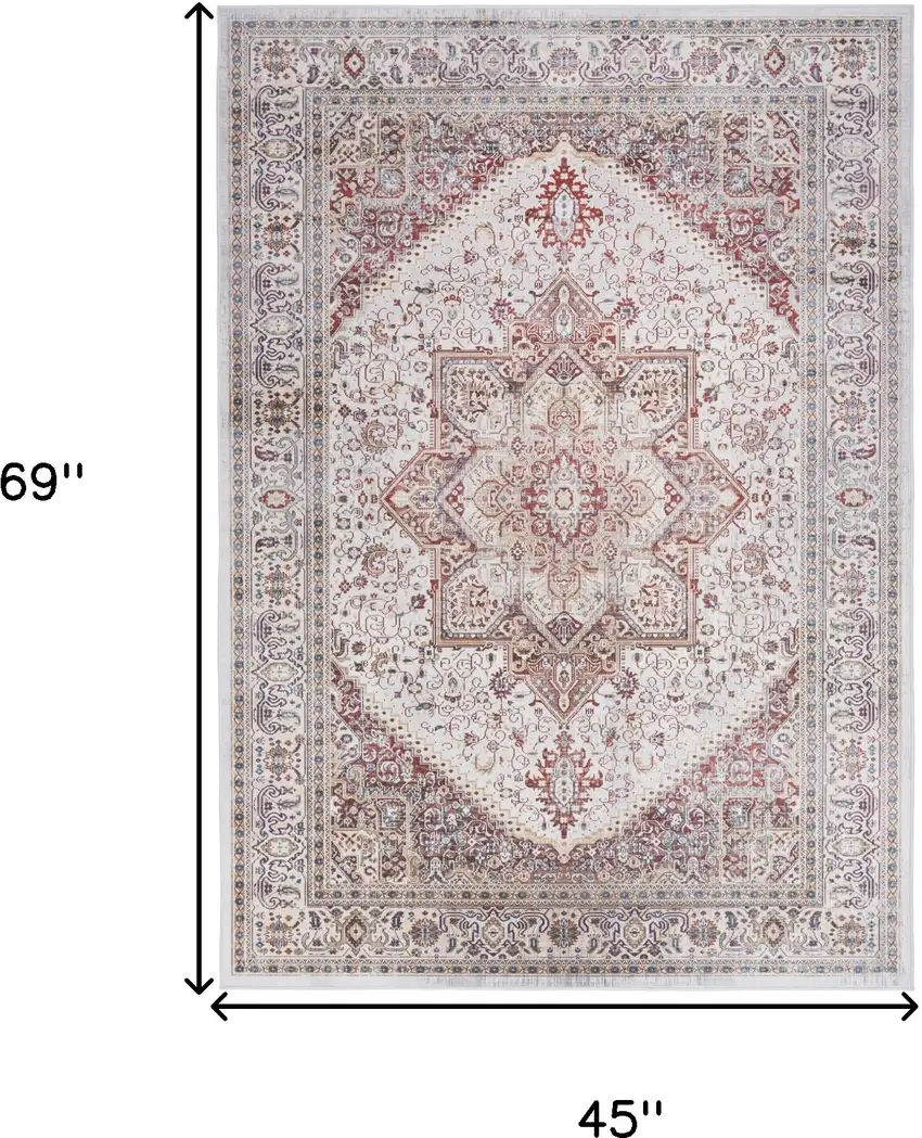 Red and Ivory Floral Medallion Distressed Non Skid Area Rug Photo 3