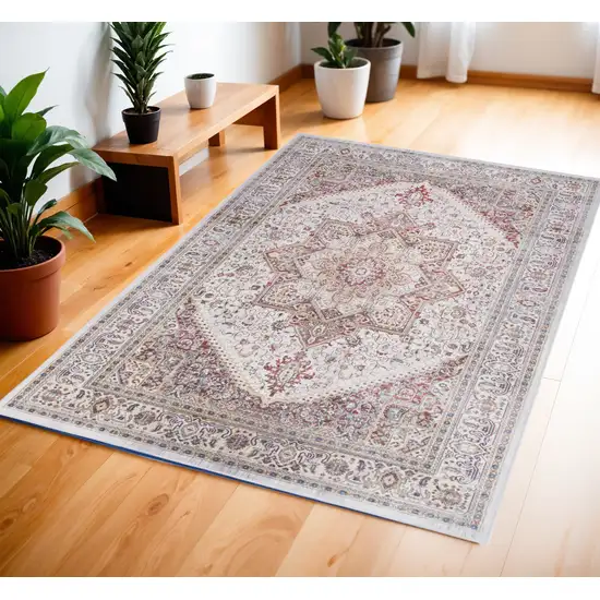Red and Ivory Floral Medallion Distressed Non Skid Area Rug Photo 1