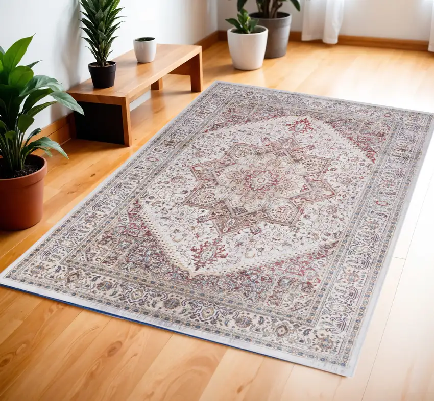 Red and Ivory Floral Medallion Distressed Non Skid Area Rug Photo 1