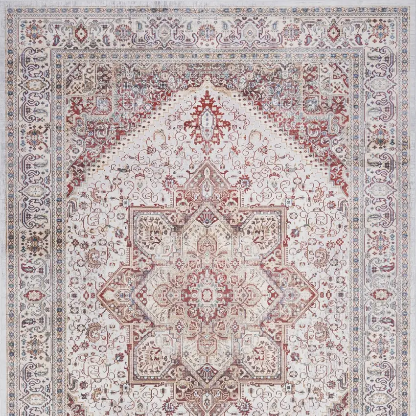 Red and Ivory Floral Medallion Distressed Non Skid Area Rug Photo 7