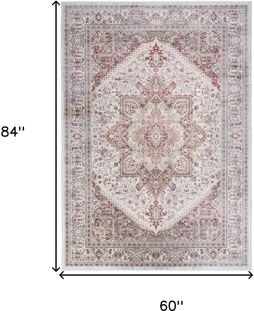 Red and Ivory Floral Medallion Distressed Non Skid Area Rug Photo 3