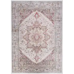 Photo of Red and Ivory Floral Medallion Distressed Non Skid Area Rug