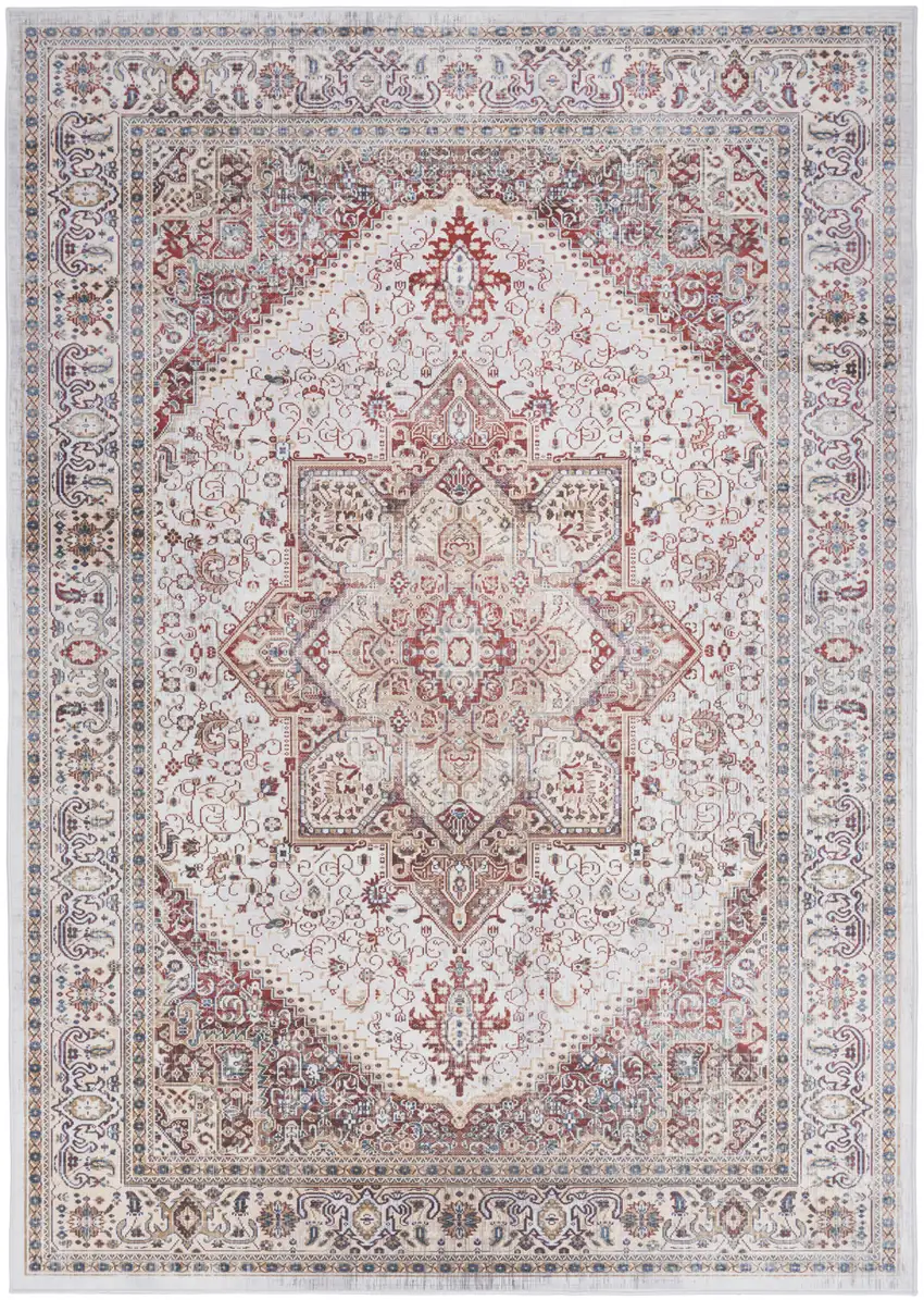 Red and Ivory Floral Medallion Distressed Non Skid Area Rug Photo 2