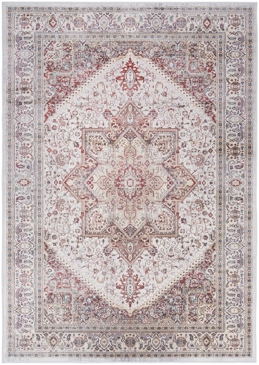 Red and Ivory Floral Medallion Distressed Non Skid Area Rug Photo 8