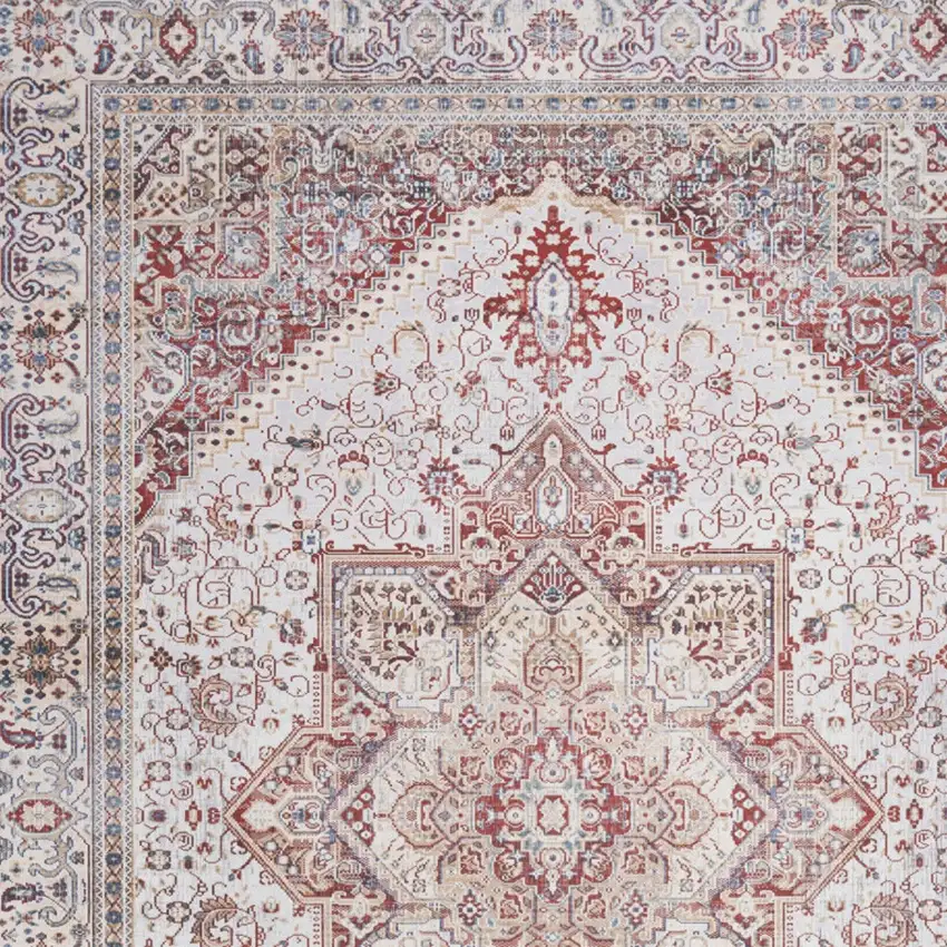 Red and Ivory Floral Medallion Distressed Non Skid Area Rug Photo 7