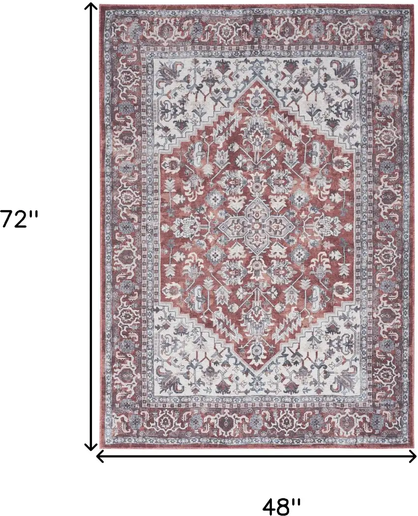 Red and Ivory Floral Medallion Power Loom Distressed Area Rug Photo 3
