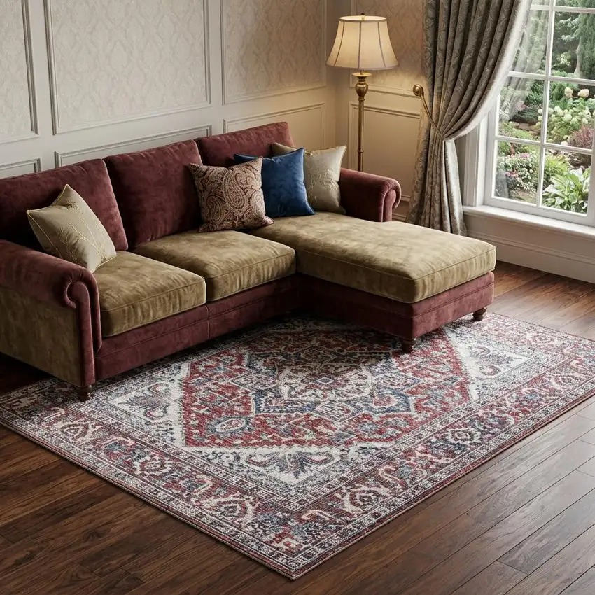 Red and Ivory Floral Power Loom Distressed Washable Area Rug Photo 1