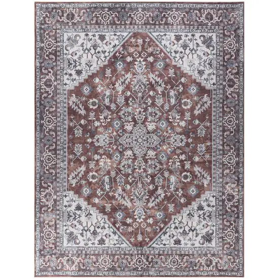 Red and Ivory Floral Power Loom Distressed Washable Area Rug Photo 7