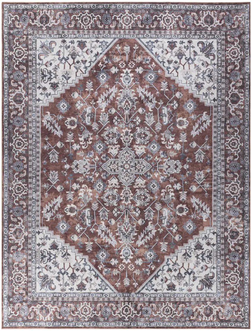 Red and Ivory Floral Power Loom Distressed Washable Area Rug Photo 1
