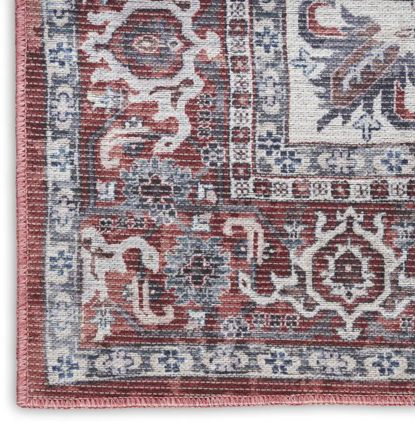 Red and Ivory Floral Power Loom Distressed Washable Area Rug Photo 8
