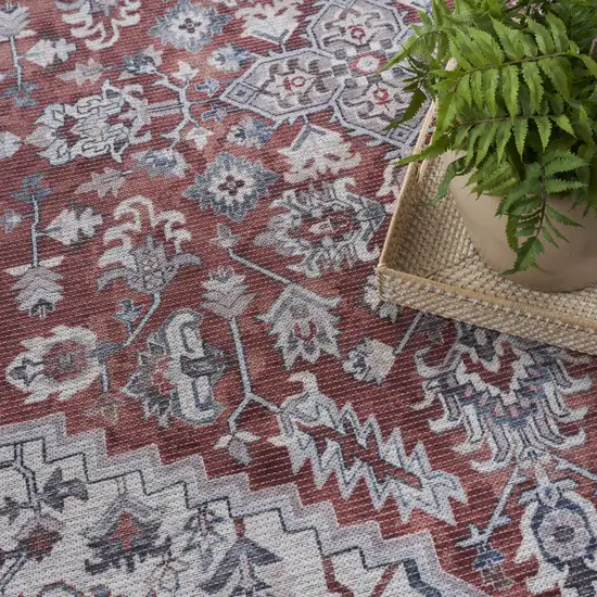 Red and Ivory Floral Power Loom Distressed Washable Area Rug Photo 9