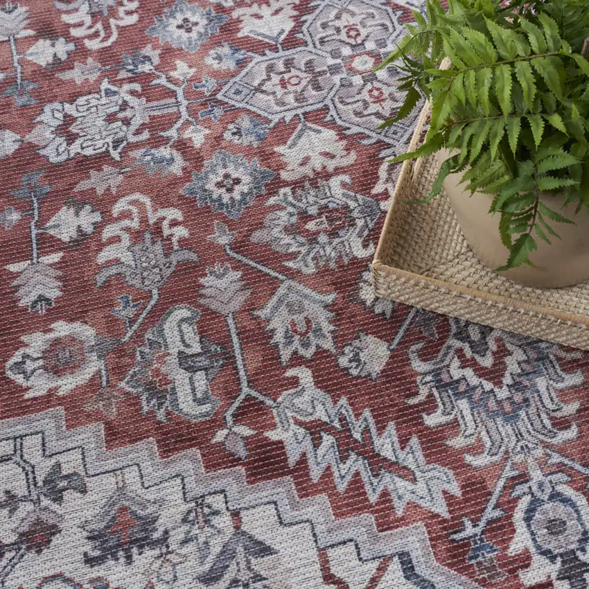 Red and Ivory Floral Power Loom Distressed Washable Area Rug Photo 9