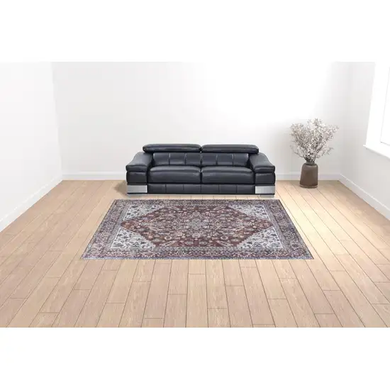 Red and Ivory Floral Power Loom Distressed Washable Area Rug Photo 2