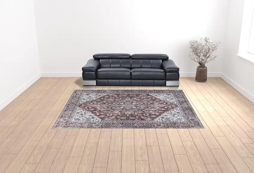 Red and Ivory Floral Power Loom Distressed Washable Area Rug Photo 2