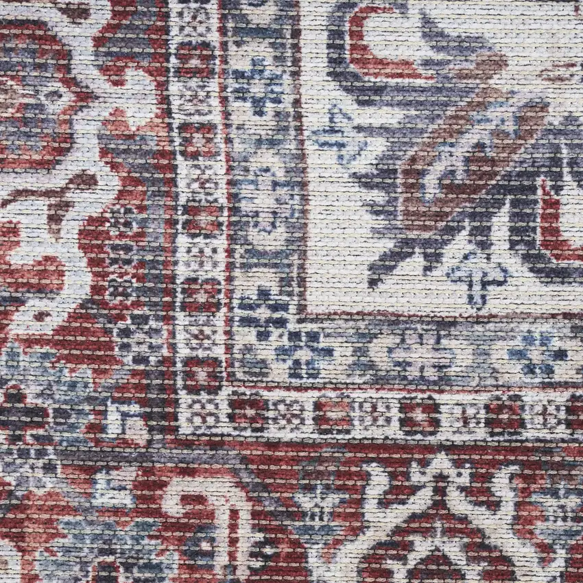 Red and Ivory Floral Power Loom Distressed Washable Area Rug Photo 1