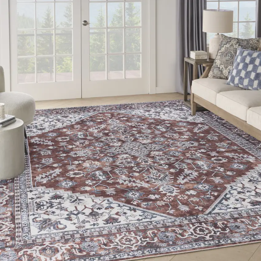 Red and Ivory Floral Power Loom Distressed Washable Area Rug Photo 5