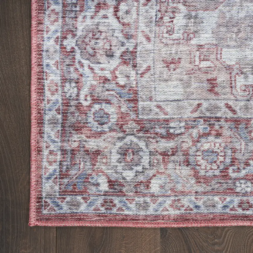 Red and Ivory Floral Power Loom Distressed Washable Area Rug Photo 6