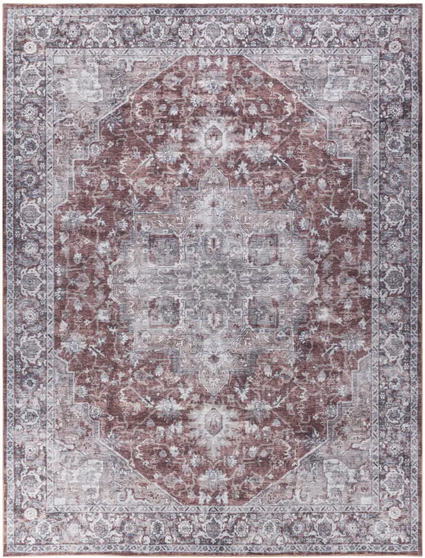 Red and Ivory Floral Power Loom Distressed Washable Area Rug Photo 9