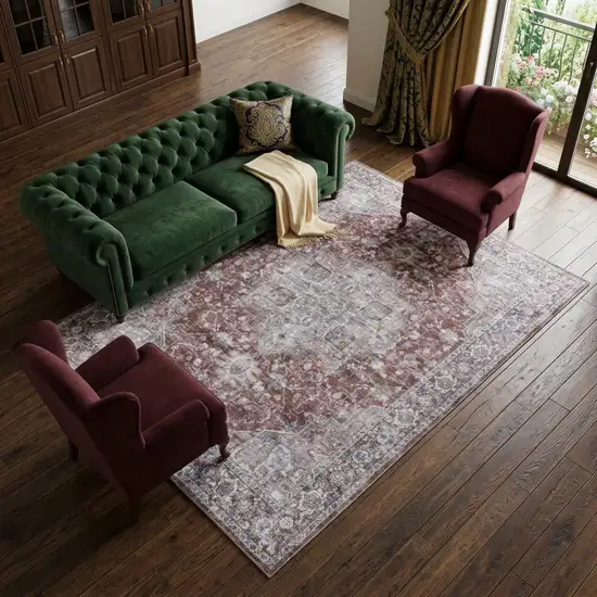 Red and Ivory Floral Power Loom Distressed Washable Area Rug Photo 1