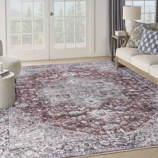 Red and Ivory Floral Power Loom Distressed Washable Area Rug Photo 3