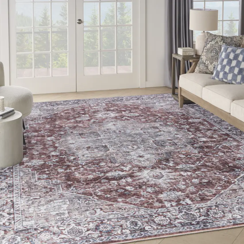 Red and Ivory Floral Power Loom Distressed Washable Area Rug Photo 3