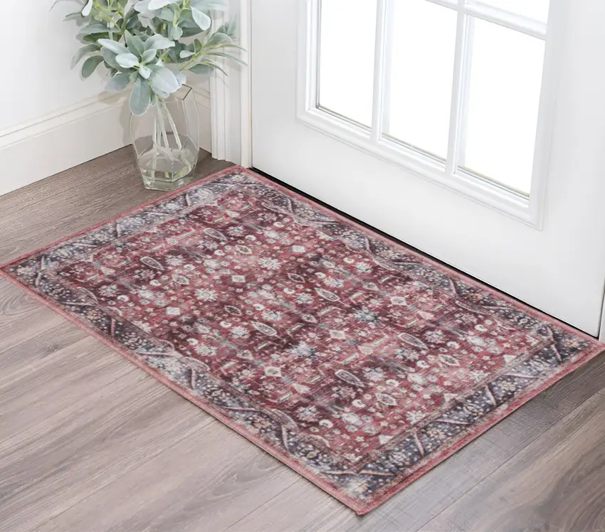 Red and Ivory Floral Power Loom Distressed Washable Non Skid Area Rug Photo 1