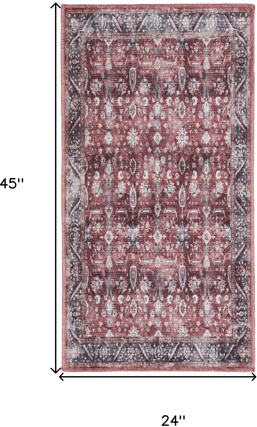 Red and Ivory Floral Power Loom Distressed Washable Non Skid Area Rug Photo 3