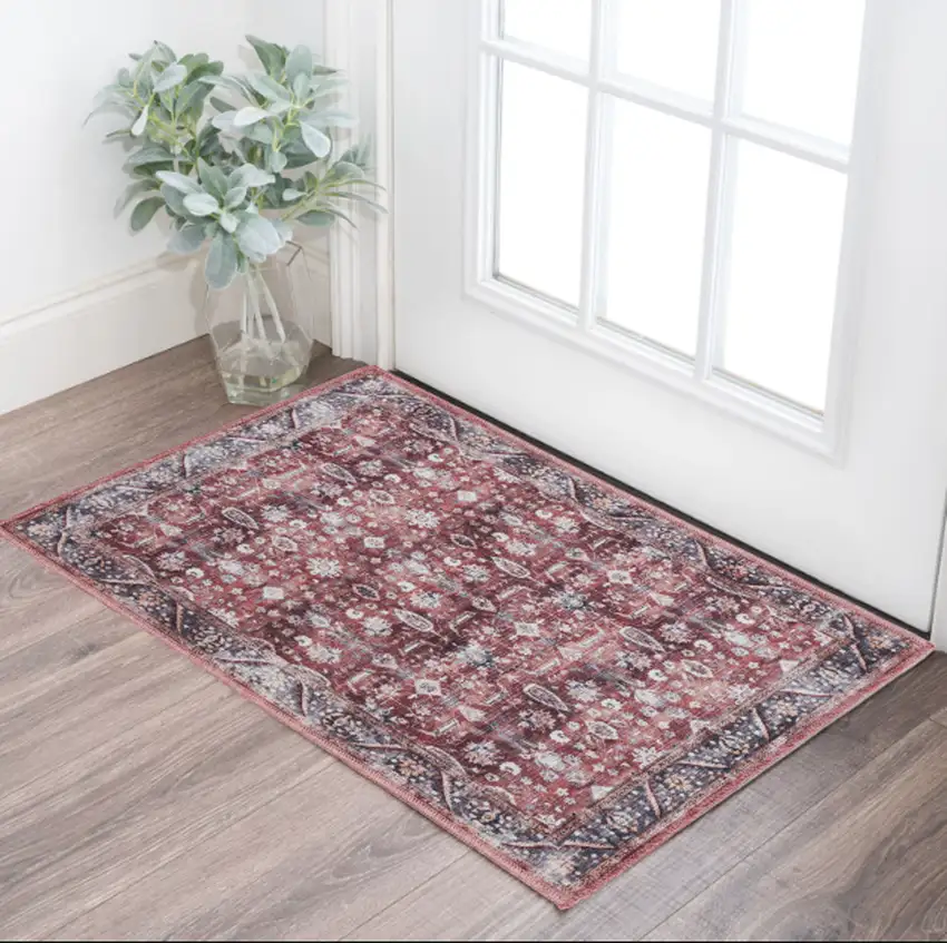 Red and Ivory Floral Power Loom Distressed Washable Non Skid Area Rug Photo 1