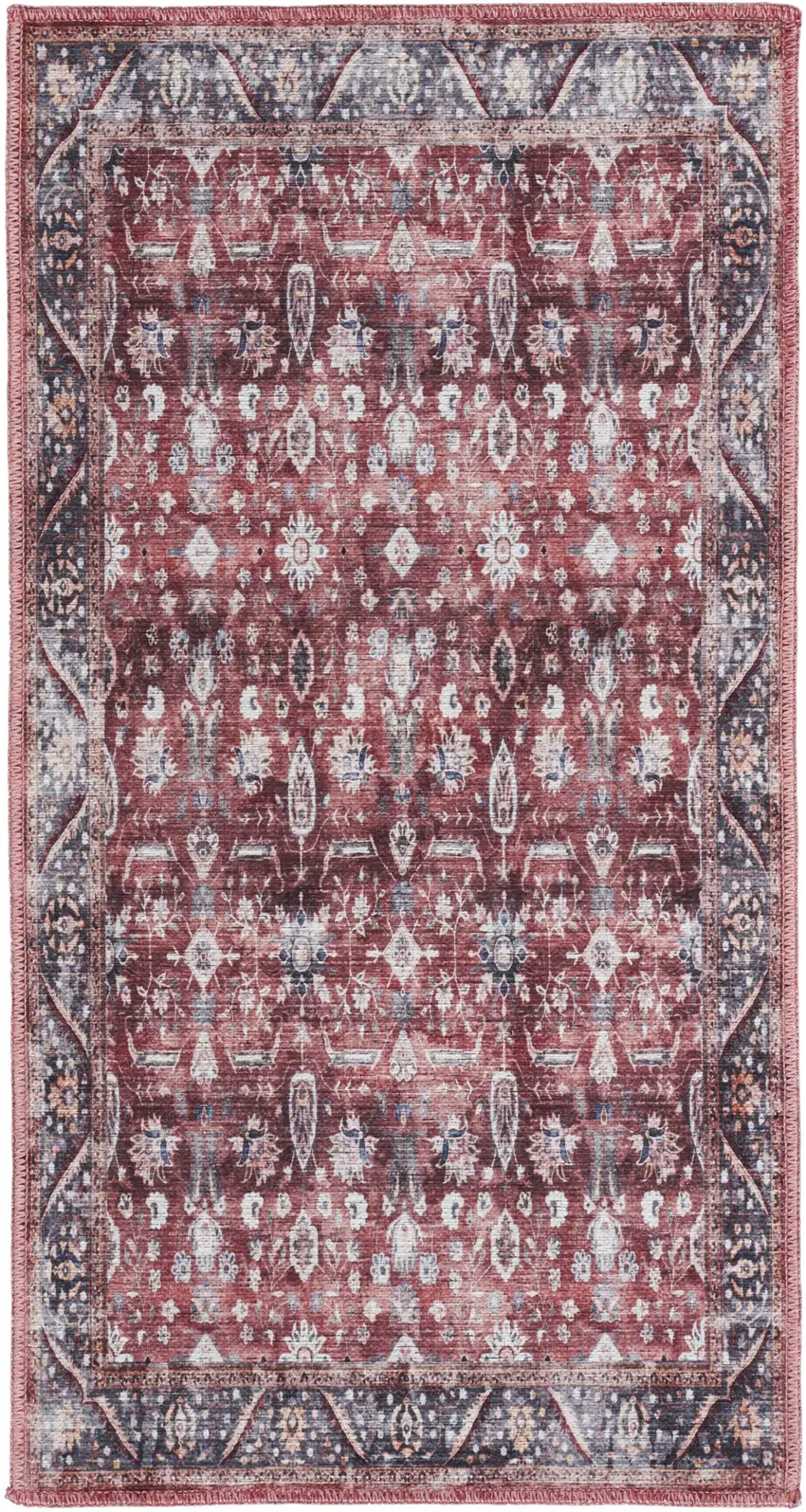 Red and Ivory Floral Power Loom Distressed Washable Non Skid Area Rug Photo 2