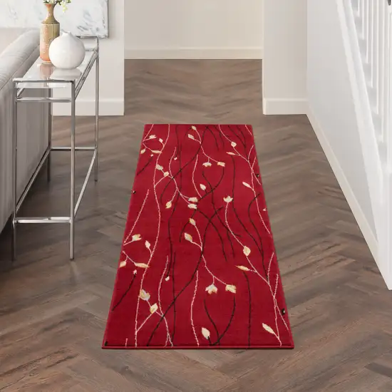 6' Red And Ivory Floral Vines Runner Rug Photo 2