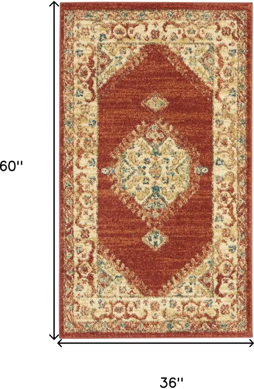 Red and Ivory Medallion Power Loom Area Rug Photo 3