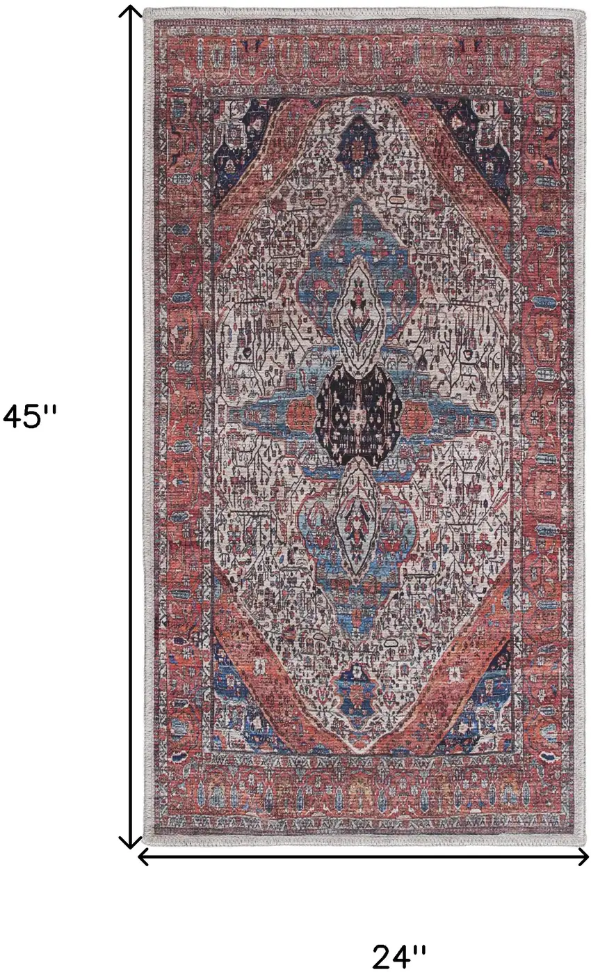 Red and Ivory Medallion Power Loom Distressed Washable Non Skid Area Rug Photo 3
