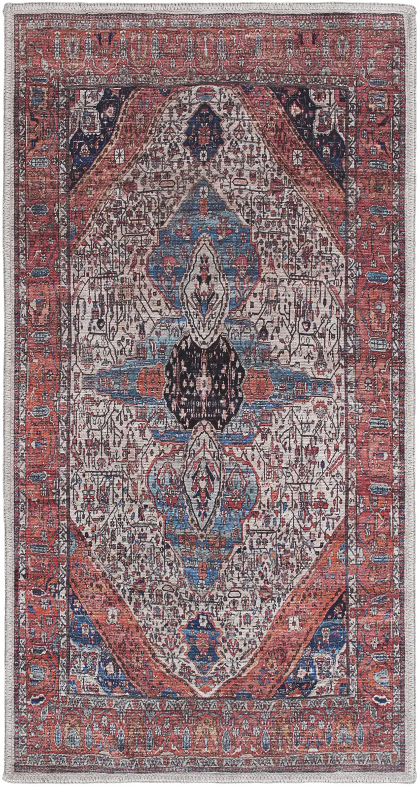 Red and Ivory Medallion Power Loom Distressed Washable Non Skid Area Rug Photo 2
