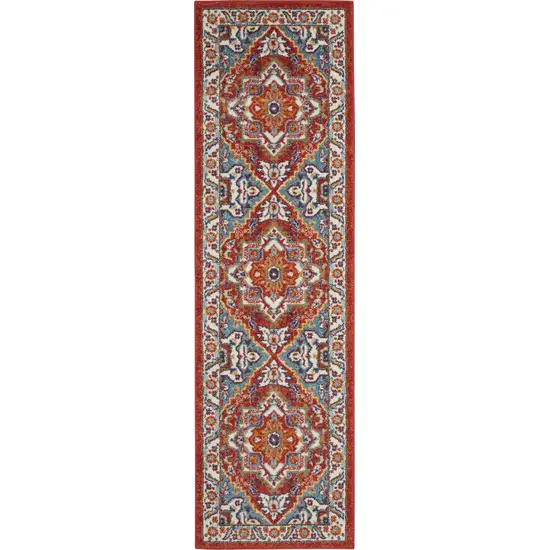 8' Red And Ivory Medallion Distressed Runner Rug Photo 8