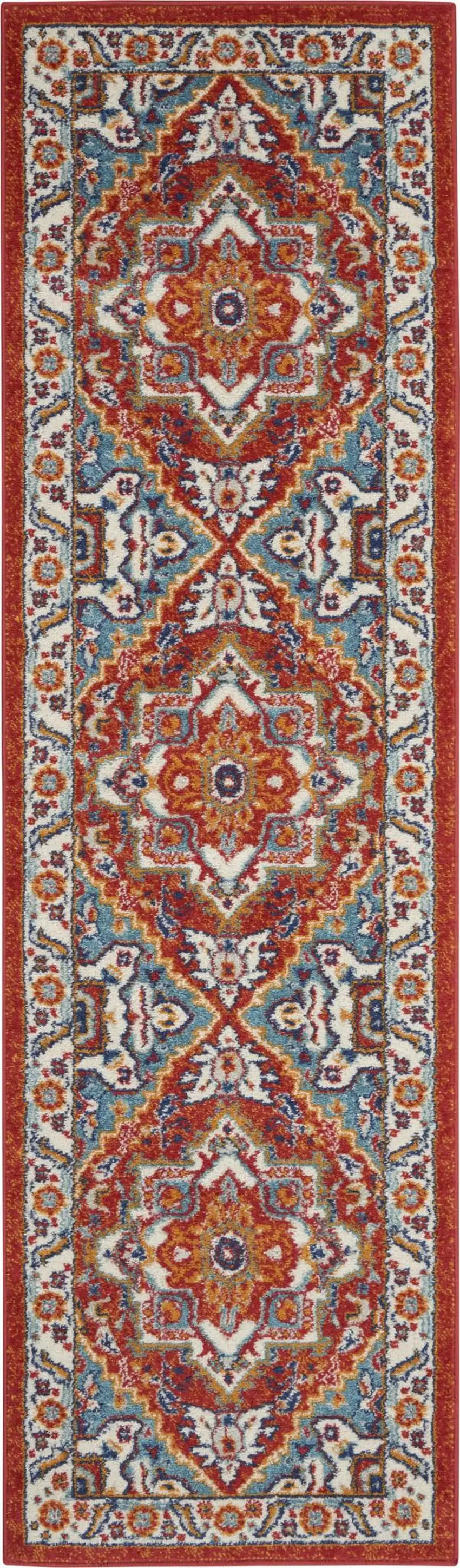 8' Red And Ivory Medallion Distressed Runner Rug Photo 8