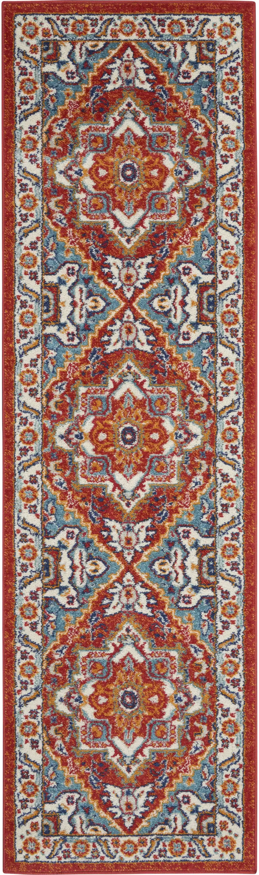 8' Red And Ivory Power Loom Runner Rug Photo 7
