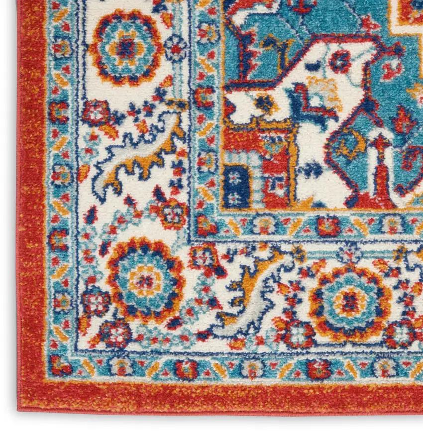 8' Red And Ivory Medallion Distressed Runner Rug Photo 3