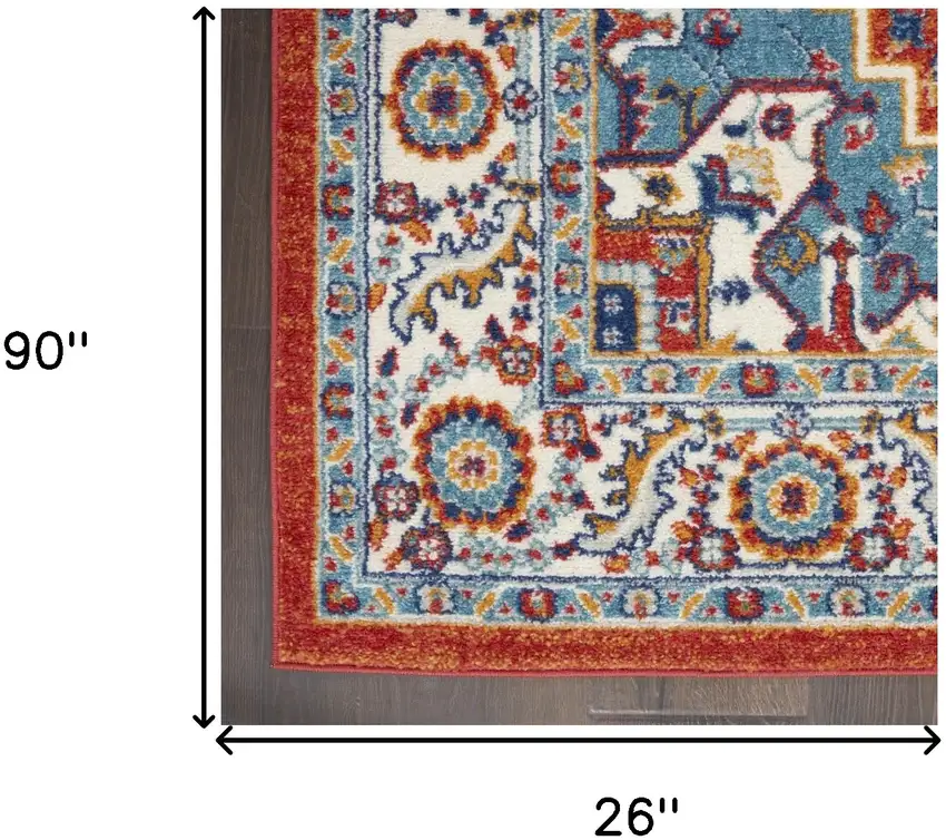 8' Red And Ivory Medallion Distressed Runner Rug Photo 9