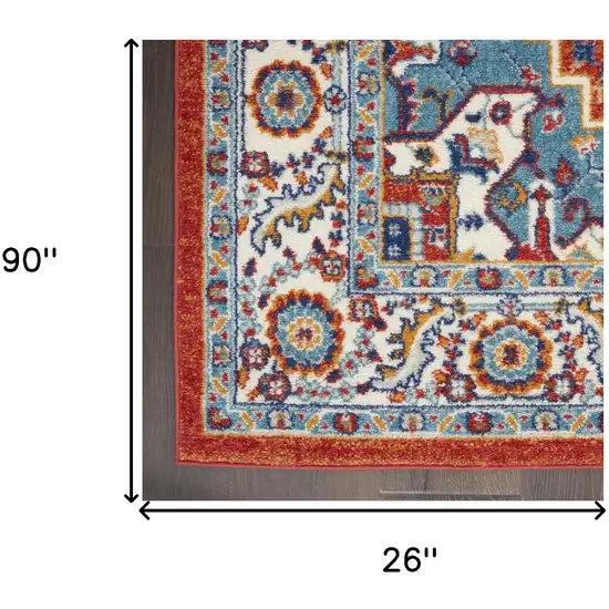 8' Red And Ivory Medallion Distressed Runner Rug Photo 9