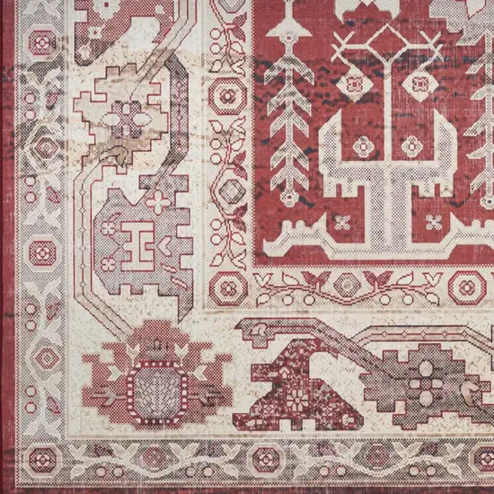 Red and Ivory Oriental Distressed Non Skid Area Rug Photo 4