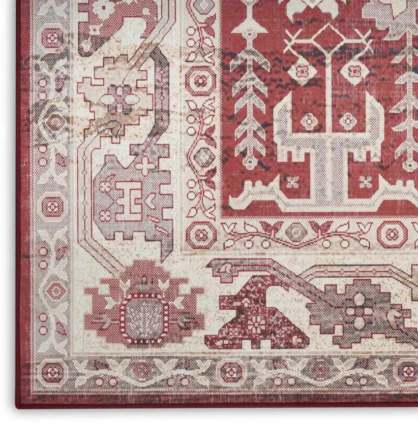 Red and Ivory Oriental Distressed Non Skid Area Rug Photo 3